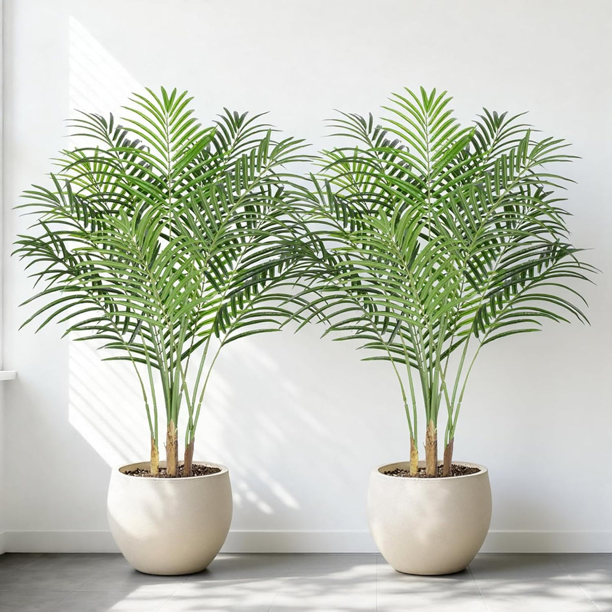5ft Artificial Palm Tree Indoor Plant Tall Fake Tropical Paradise Palm Tree in Pot with Real Bark Design Faux Areca Palm Tree for Home Office Living Room Bedroom Farmhouse Modern Decor 2pcs