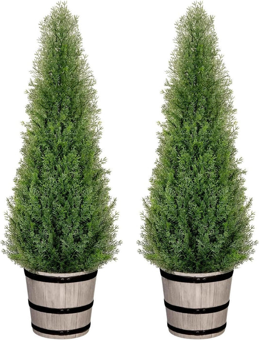 Artificial Cedar Trees 4FT Faux Cedar Topiary Evergreen Plants Outdoor Indoor Fake Cypress Pine Trees with Barrel Planter for Front Porch Entryway Patio Garden Home Decor Set of 2