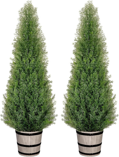 Artificial Cedar Trees 4FT Faux Cedar Topiary Evergreen Plants Outdoor Indoor Fake Cypress Pine Trees with Barrel Planter for Front Porch Entryway Patio Garden Home Decor Set of 2