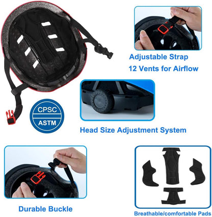 Bike Skateboard Helmet, 3 Sizes for Adult Youth Kids Women Men Boys Girls | Multi-Sport Certified Helmet for Scooter Bicycle Skate, Adjustable Lightweight Ventilated Helmet