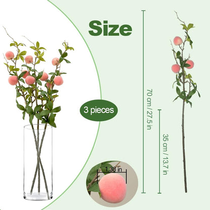 3 Bunches 27.5inch Artificial Peach Branches Faux Fruit Realistic Fruit Bouquet Fake Peach Stem with Green Leaves for Vase Kitchen Display Home Wedding Party Farmhouse Garden Table Centerpiece Decor