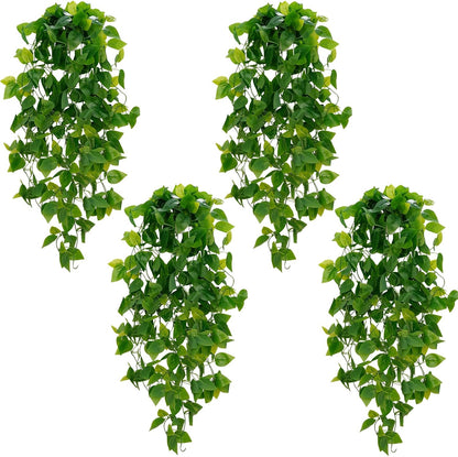 Fake Hanging Plants, 2pcs Artificial Pothos Vines Faux Plants Greenery for Wall Home Living Room Office Indoor Outdoor Decor (No Baskets)