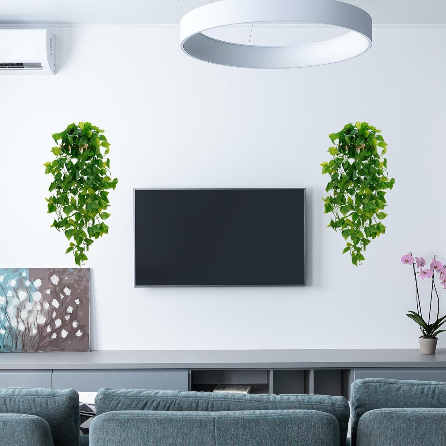 Fake Hanging Plants, 2pcs Artificial Pothos Vines Faux Plants Greenery for Wall Home Living Room Office Indoor Outdoor Decor (No Baskets)