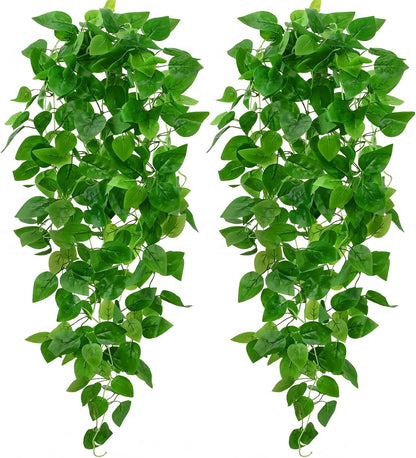 Fake Hanging Plants, 2pcs Artificial Pothos Vines Faux Plants Greenery for Wall Home Living Room Office Indoor Outdoor Decor (No Baskets)