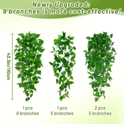Fake Hanging Plants, 2pcs Artificial Pothos Vines Faux Plants Greenery for Wall Home Living Room Office Indoor Outdoor Decor (No Baskets)