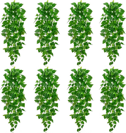 Fake Hanging Plants, 2pcs Artificial Pothos Vines Faux Plants Greenery for Wall Home Living Room Office Indoor Outdoor Decor (No Baskets)