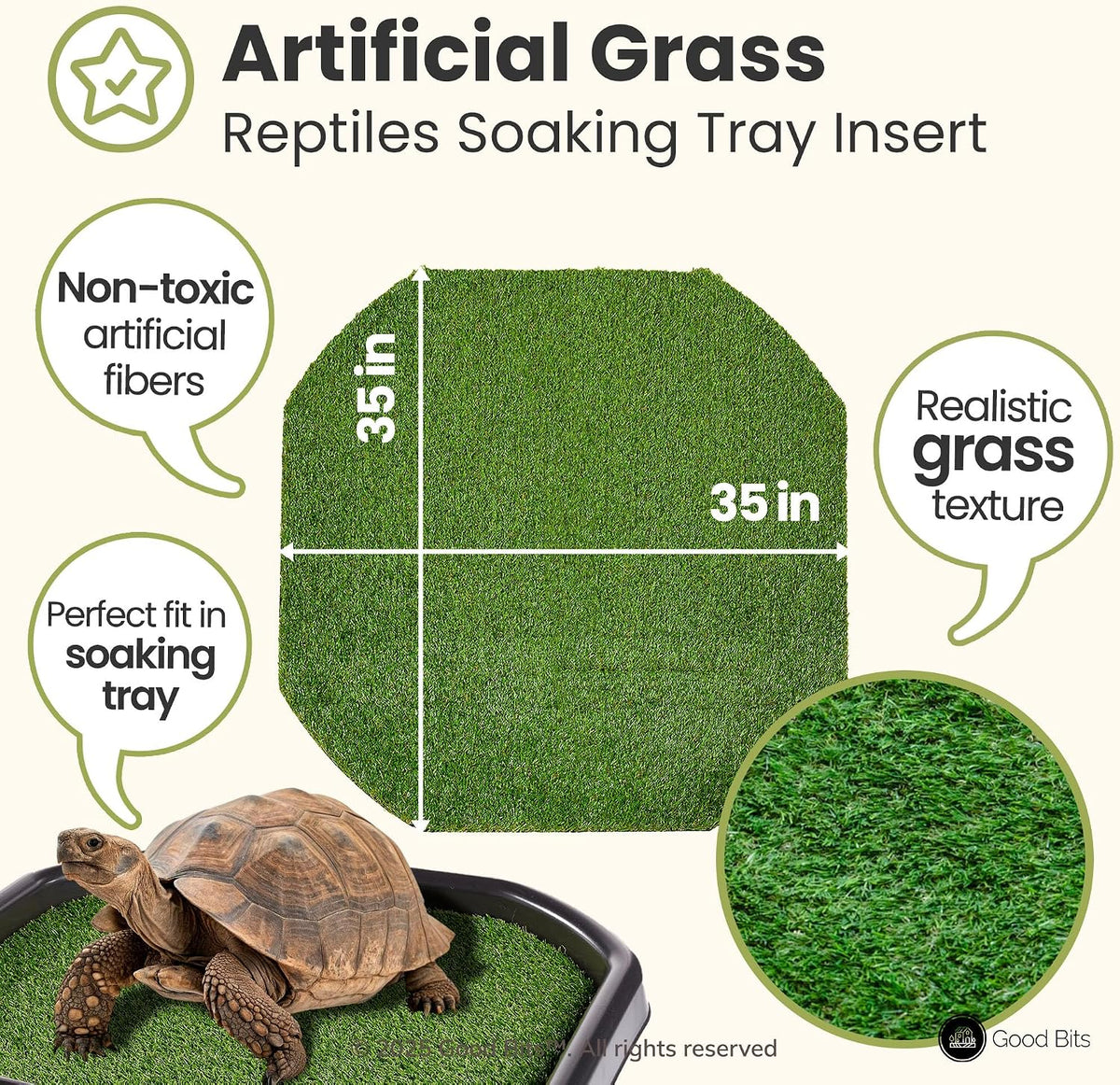 Artificial Grass Large Insert for Turtle Soaking Tray - Dry Zone Basking Mat for Tortoises and Reptiles - Durable Non-Slip Turf Liner for Habitat Setup (Tray not Included)