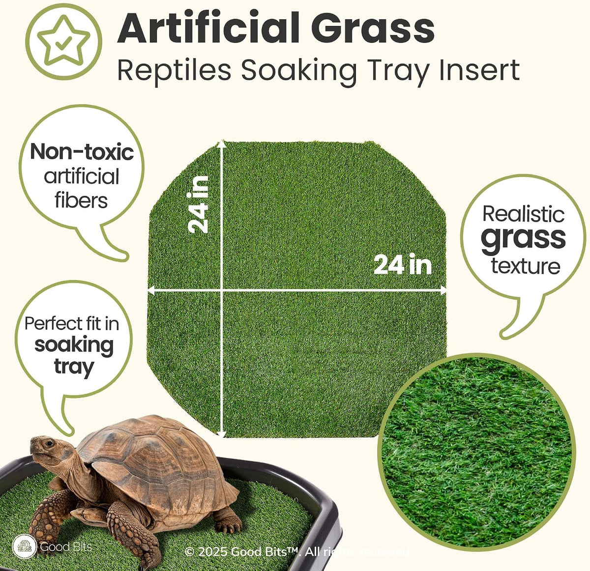 Artificial Grass Large Insert for Turtle Soaking Tray - Dry Zone Basking Mat for Tortoises and Reptiles - Durable Non-Slip Turf Liner for Habitat Setup (Tray not Included)
