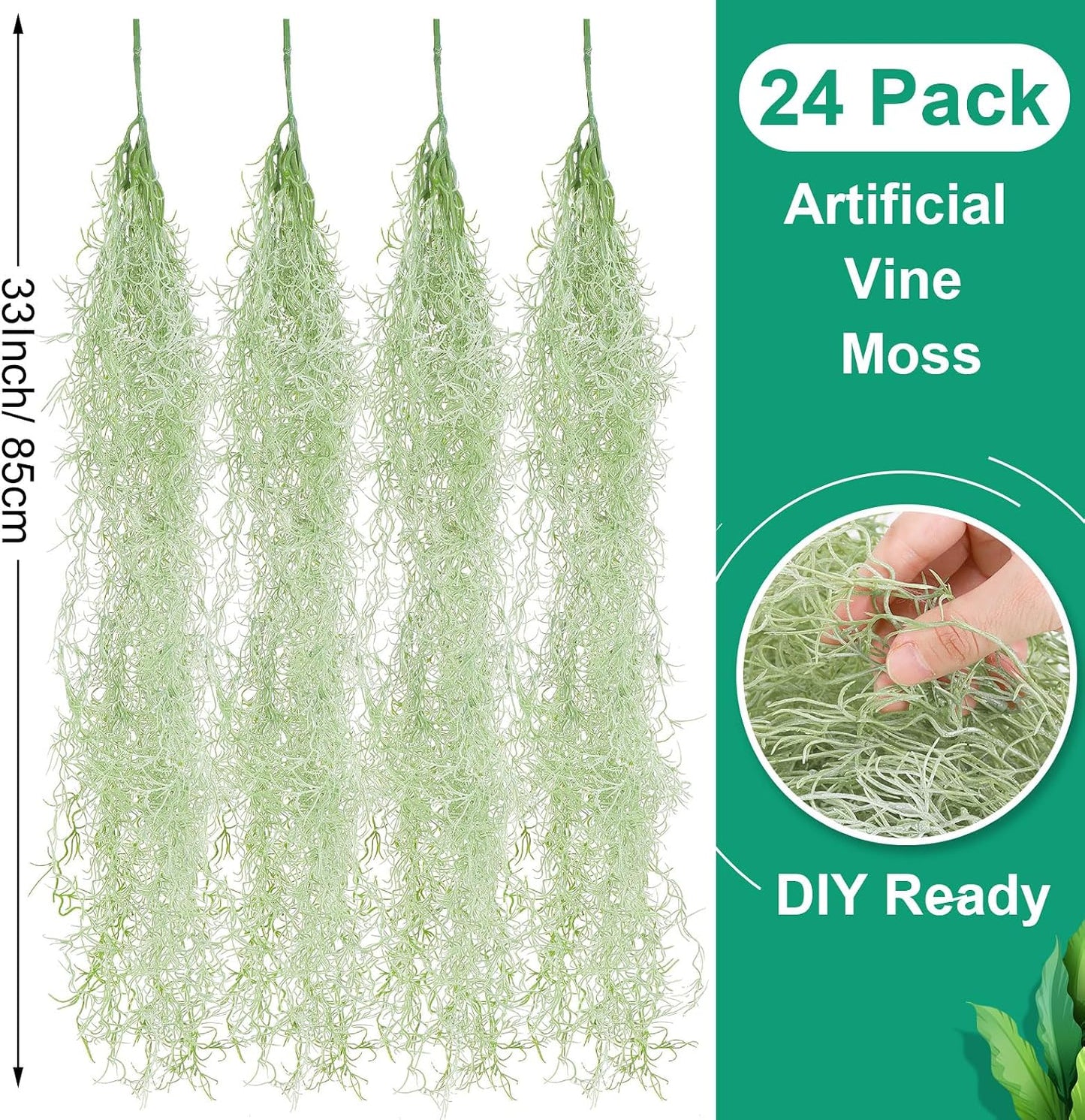 24 Pack Fake Spanish Moss Artificial Hanging Decoration Bulk Faux Greenery Moss Garland for Potted Wall Living Room Indoor Outdoor Decor(43 Inch, 33 Inch,Green)