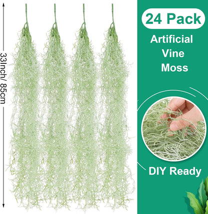 24 Pack Fake Spanish Moss Artificial Hanging Decoration Bulk Faux Greenery Moss Garland for Potted Wall Living Room Indoor Outdoor Decor(43 Inch, 33 Inch,Green)