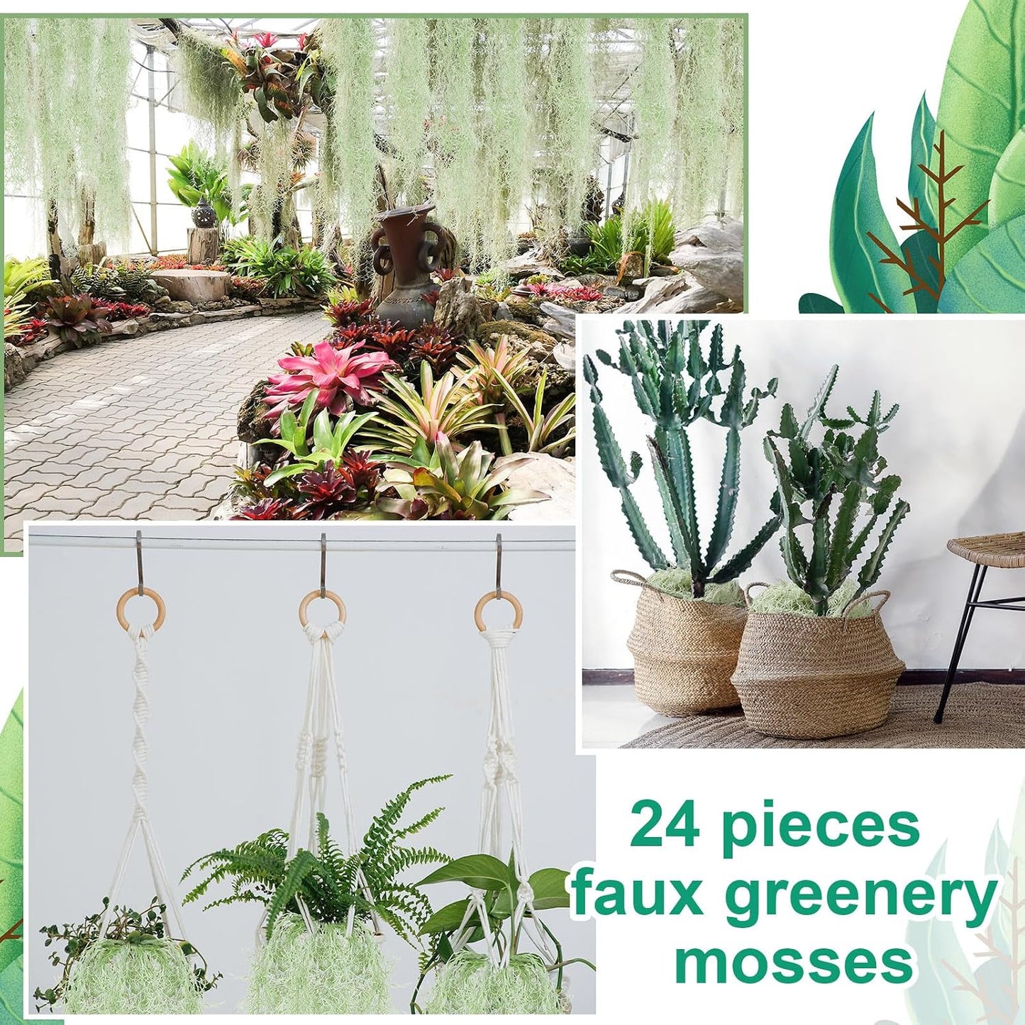 24 Pack Fake Spanish Moss Artificial Hanging Decoration Bulk Faux Greenery Moss Garland for Potted Wall Living Room Indoor Outdoor Decor(43 Inch, 33 Inch,Green)