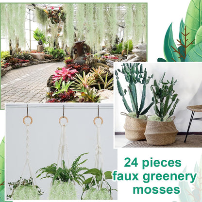 24 Pack Fake Spanish Moss Artificial Hanging Decoration Bulk Faux Greenery Moss Garland for Potted Wall Living Room Indoor Outdoor Decor(43 Inch, 33 Inch,Green)