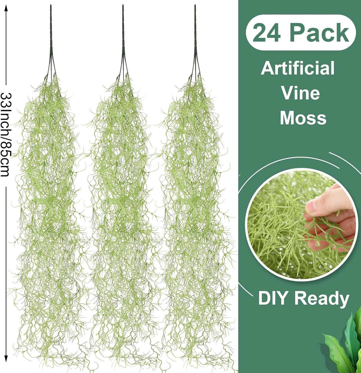 24 Pack Fake Spanish Moss Artificial Hanging Decoration Bulk Faux Greenery Moss Garland for Potted Wall Living Room Indoor Outdoor Decor(43 Inch, 33 Inch,Green)