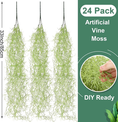 24 Pack Fake Spanish Moss Artificial Hanging Decoration Bulk Faux Greenery Moss Garland for Potted Wall Living Room Indoor Outdoor Decor(43 Inch, 33 Inch,Green)