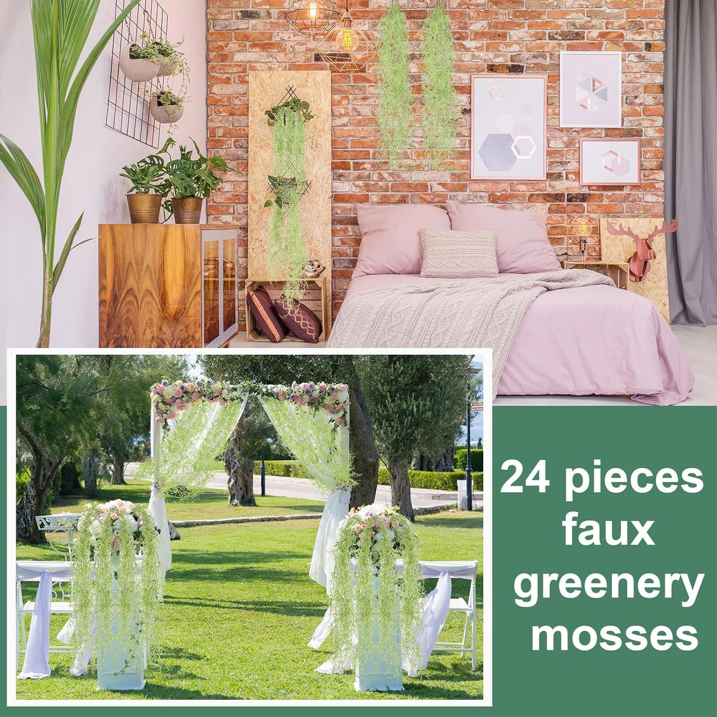 24 Pack Fake Spanish Moss Artificial Hanging Decoration Bulk Faux Greenery Moss Garland for Potted Wall Living Room Indoor Outdoor Decor(43 Inch, 33 Inch,Green)