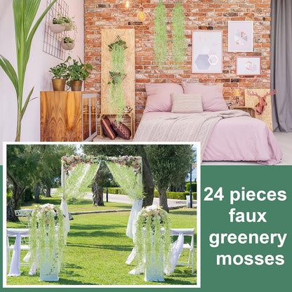 24 Pack Fake Spanish Moss Artificial Hanging Decoration Bulk Faux Greenery Moss Garland for Potted Wall Living Room Indoor Outdoor Decor(43 Inch, 33 Inch,Green)