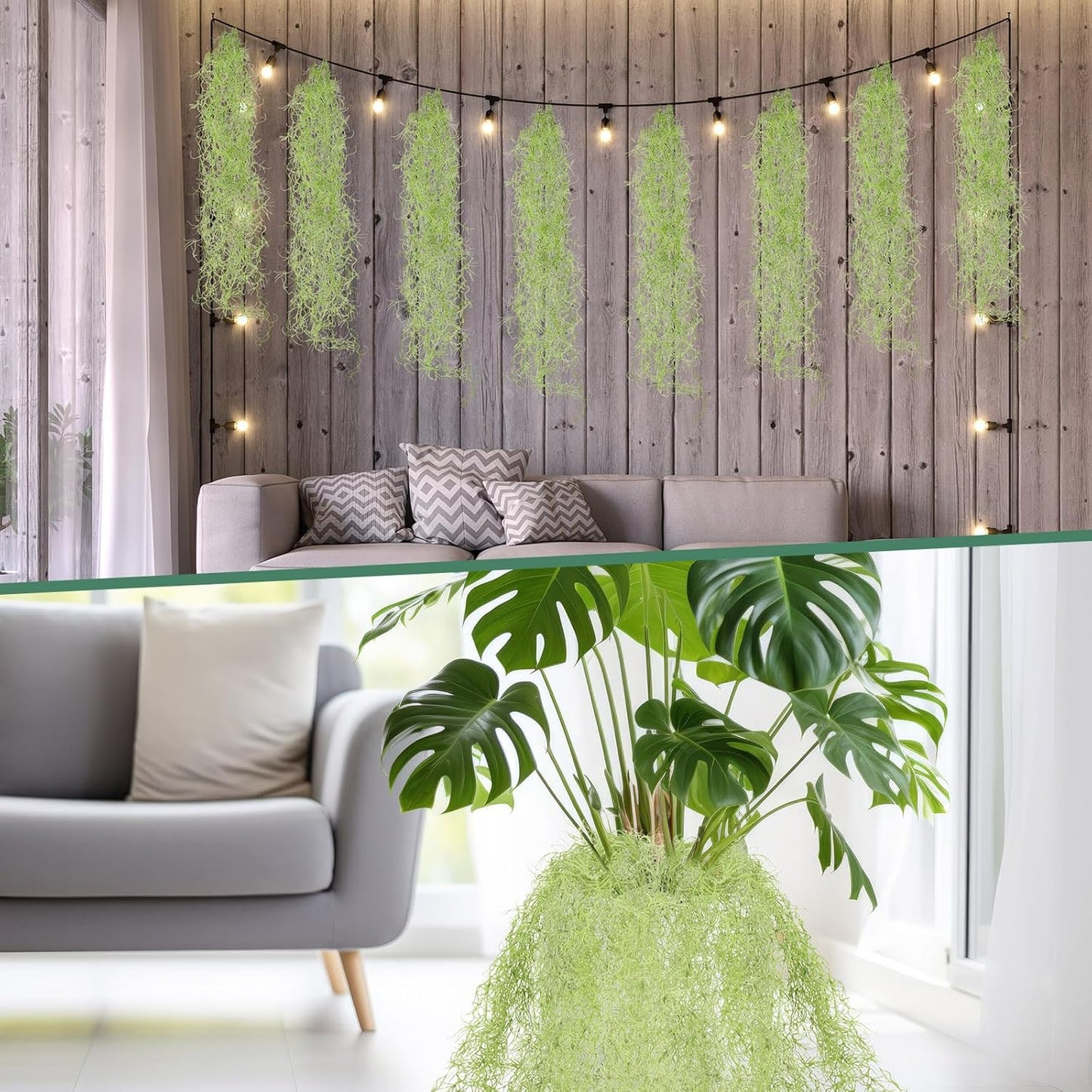 24 Pack Fake Spanish Moss Artificial Hanging Decoration Bulk Faux Greenery Moss Garland for Potted Wall Living Room Indoor Outdoor Decor(43 Inch, 33 Inch,Green)