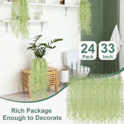24 Pack Fake Spanish Moss Artificial Hanging Decoration Bulk Faux Greenery Moss Garland for Potted Wall Living Room Indoor Outdoor Decor(43 Inch, 33 Inch,Green)