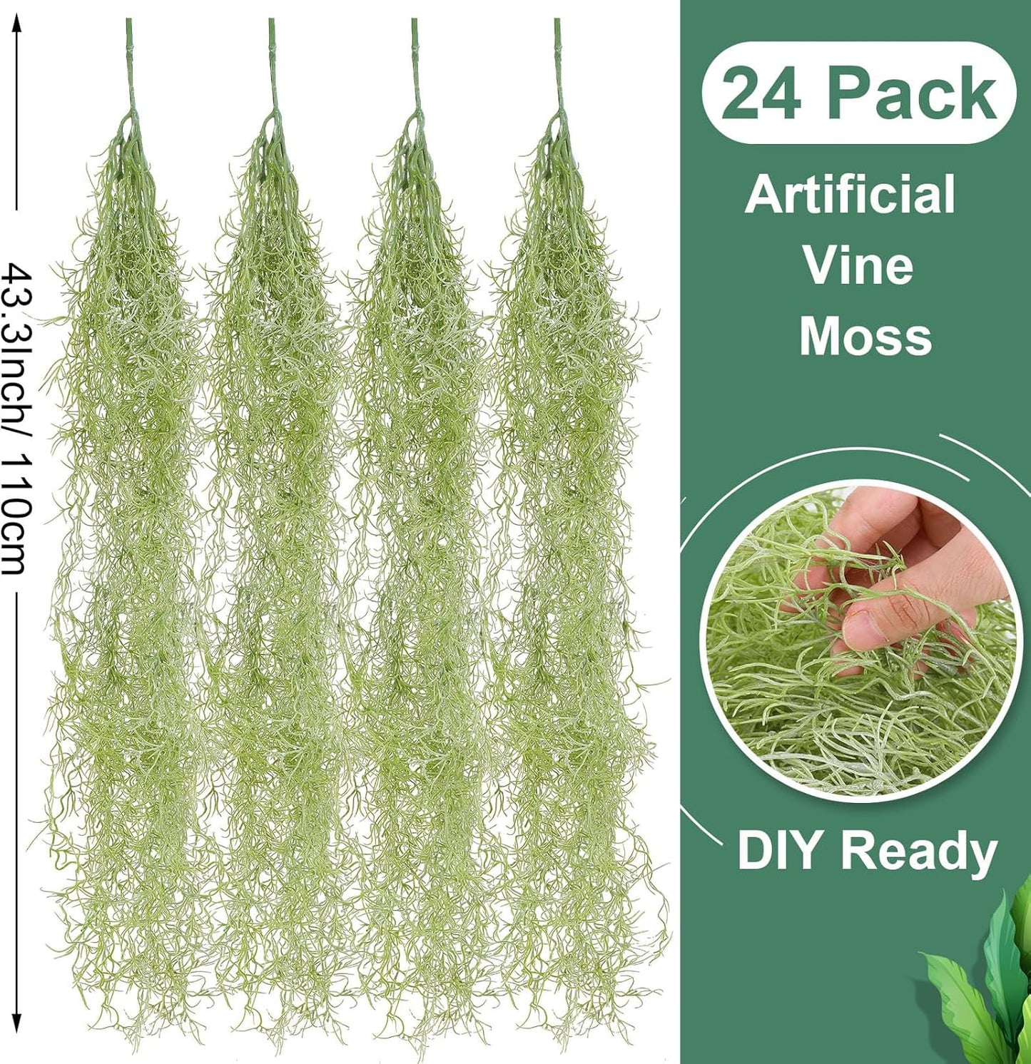 24 Pack Fake Spanish Moss Artificial Hanging Decoration Bulk Faux Greenery Moss Garland for Potted Wall Living Room Indoor Outdoor Decor(43 Inch, 33 Inch,Green)