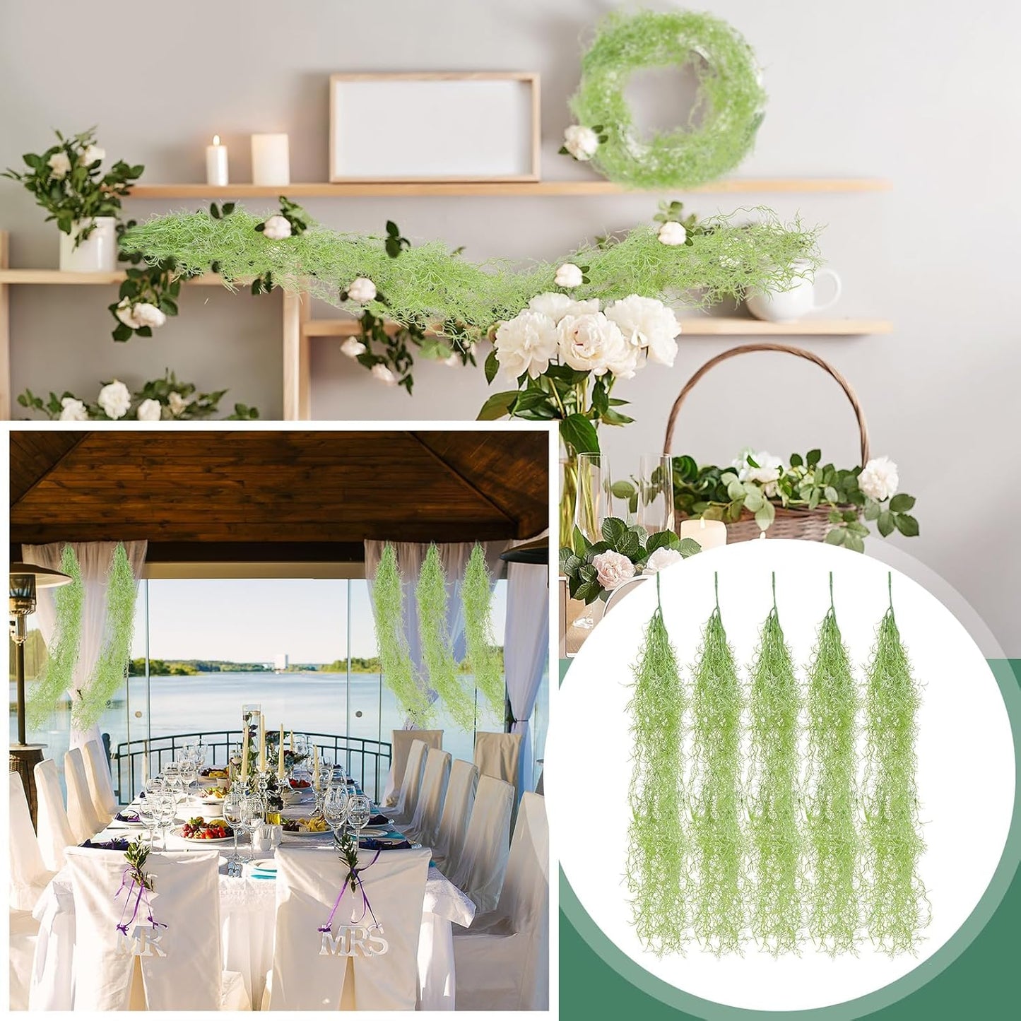 24 Pack Fake Spanish Moss Artificial Hanging Decoration Bulk Faux Greenery Moss Garland for Potted Wall Living Room Indoor Outdoor Decor(43 Inch, 33 Inch,Green)