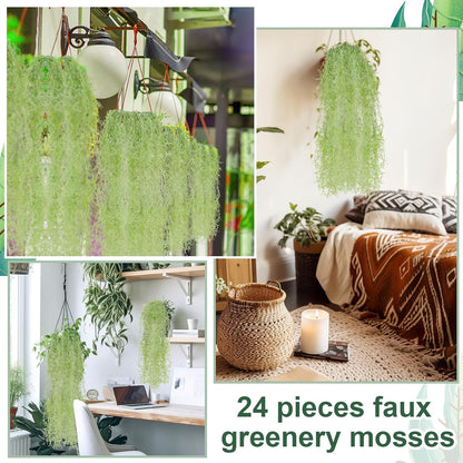 24 Pack Fake Spanish Moss Artificial Hanging Decoration Bulk Faux Greenery Moss Garland for Potted Wall Living Room Indoor Outdoor Decor(43 Inch, 33 Inch,Green)