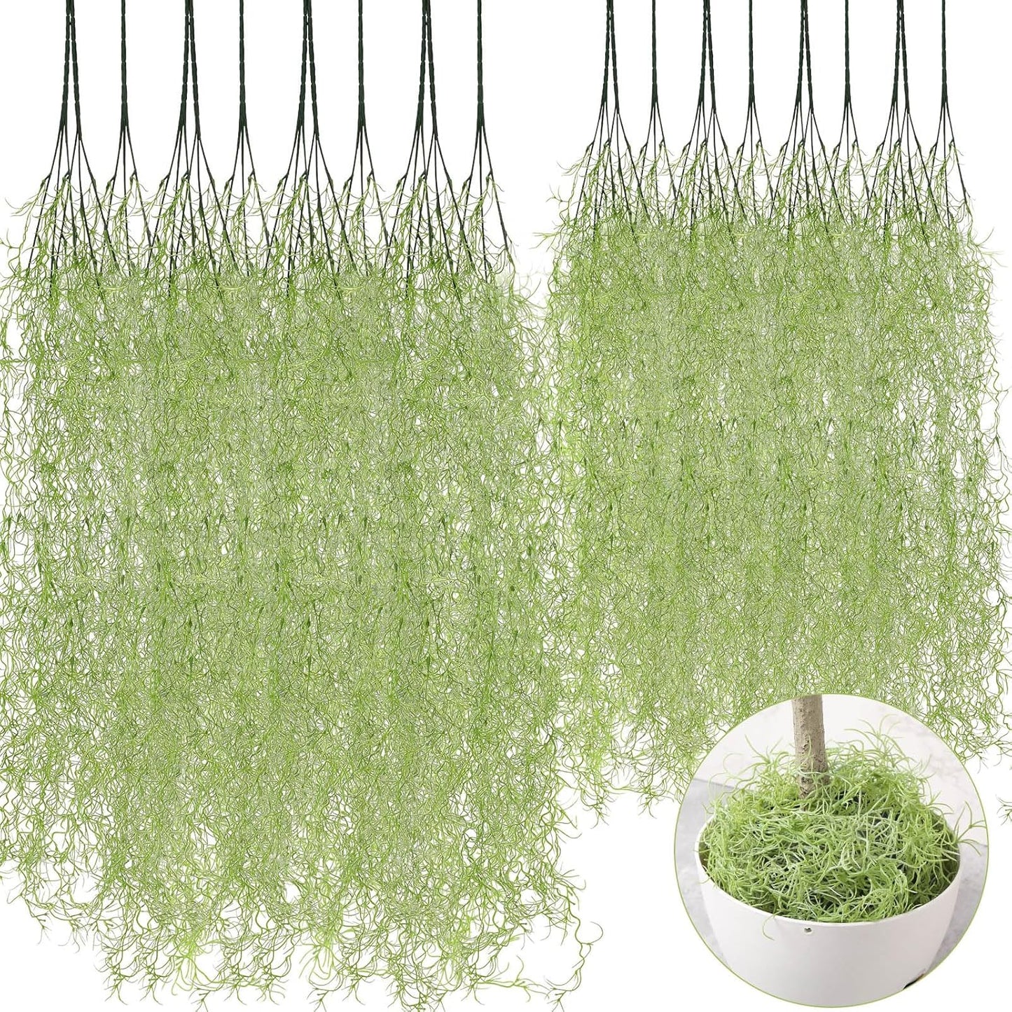 24 Pack Fake Spanish Moss Artificial Hanging Decoration Bulk Faux Greenery Moss Garland for Potted Wall Living Room Indoor Outdoor Decor(43 Inch, 33 Inch,Green)
