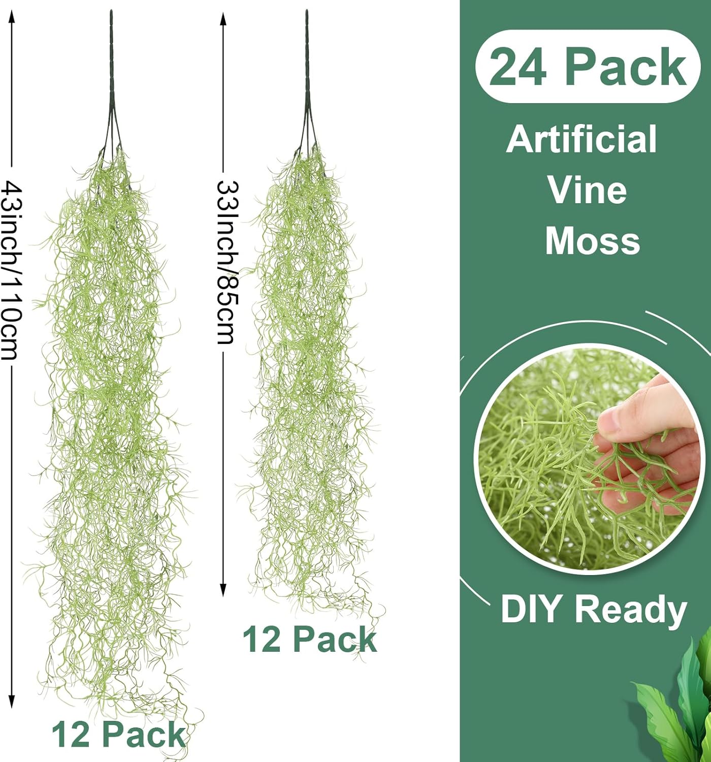 24 Pack Fake Spanish Moss Artificial Hanging Decoration Bulk Faux Greenery Moss Garland for Potted Wall Living Room Indoor Outdoor Decor(43 Inch, 33 Inch,Green)