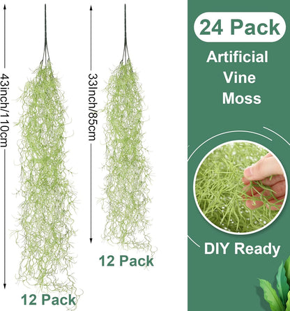 24 Pack Fake Spanish Moss Artificial Hanging Decoration Bulk Faux Greenery Moss Garland for Potted Wall Living Room Indoor Outdoor Decor(43 Inch, 33 Inch,Green)