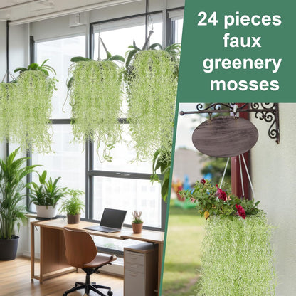 24 Pack Fake Spanish Moss Artificial Hanging Decoration Bulk Faux Greenery Moss Garland for Potted Wall Living Room Indoor Outdoor Decor(43 Inch, 33 Inch,Green)