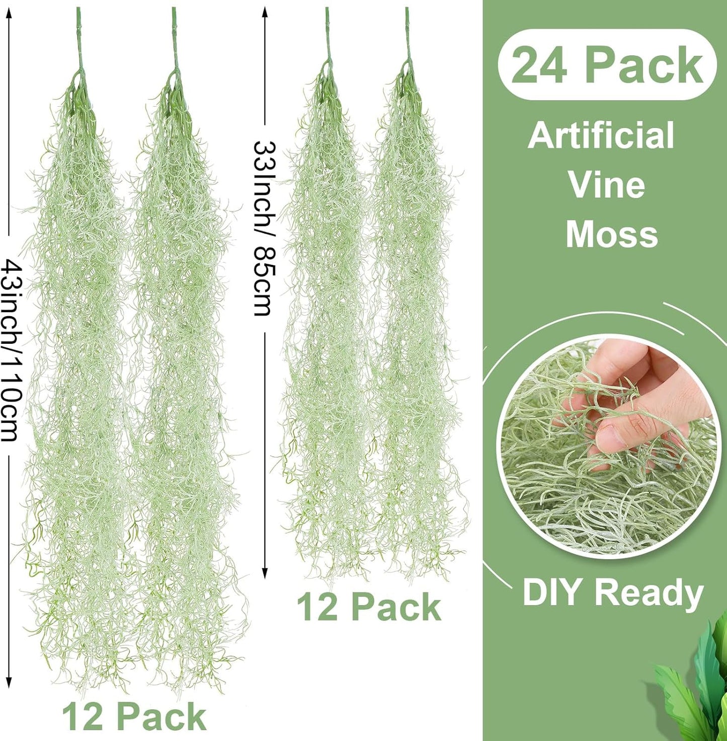 24 Pack Fake Spanish Moss Artificial Hanging Decoration Bulk Faux Greenery Moss Garland for Potted Wall Living Room Indoor Outdoor Decor(43 Inch, 33 Inch,Green)