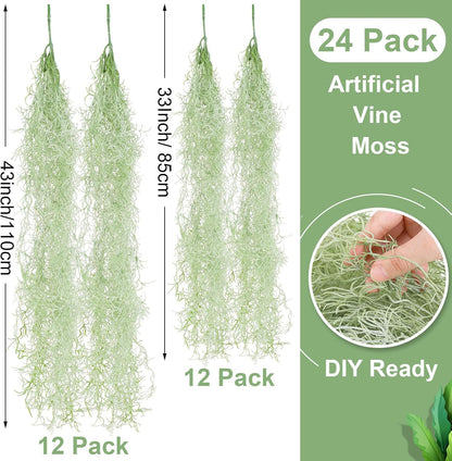 24 Pack Fake Spanish Moss Artificial Hanging Decoration Bulk Faux Greenery Moss Garland for Potted Wall Living Room Indoor Outdoor Decor(43 Inch, 33 Inch,Green)