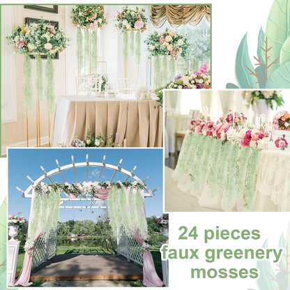 24 Pack Fake Spanish Moss Artificial Hanging Decoration Bulk Faux Greenery Moss Garland for Potted Wall Living Room Indoor Outdoor Decor(43 Inch, 33 Inch,Green)