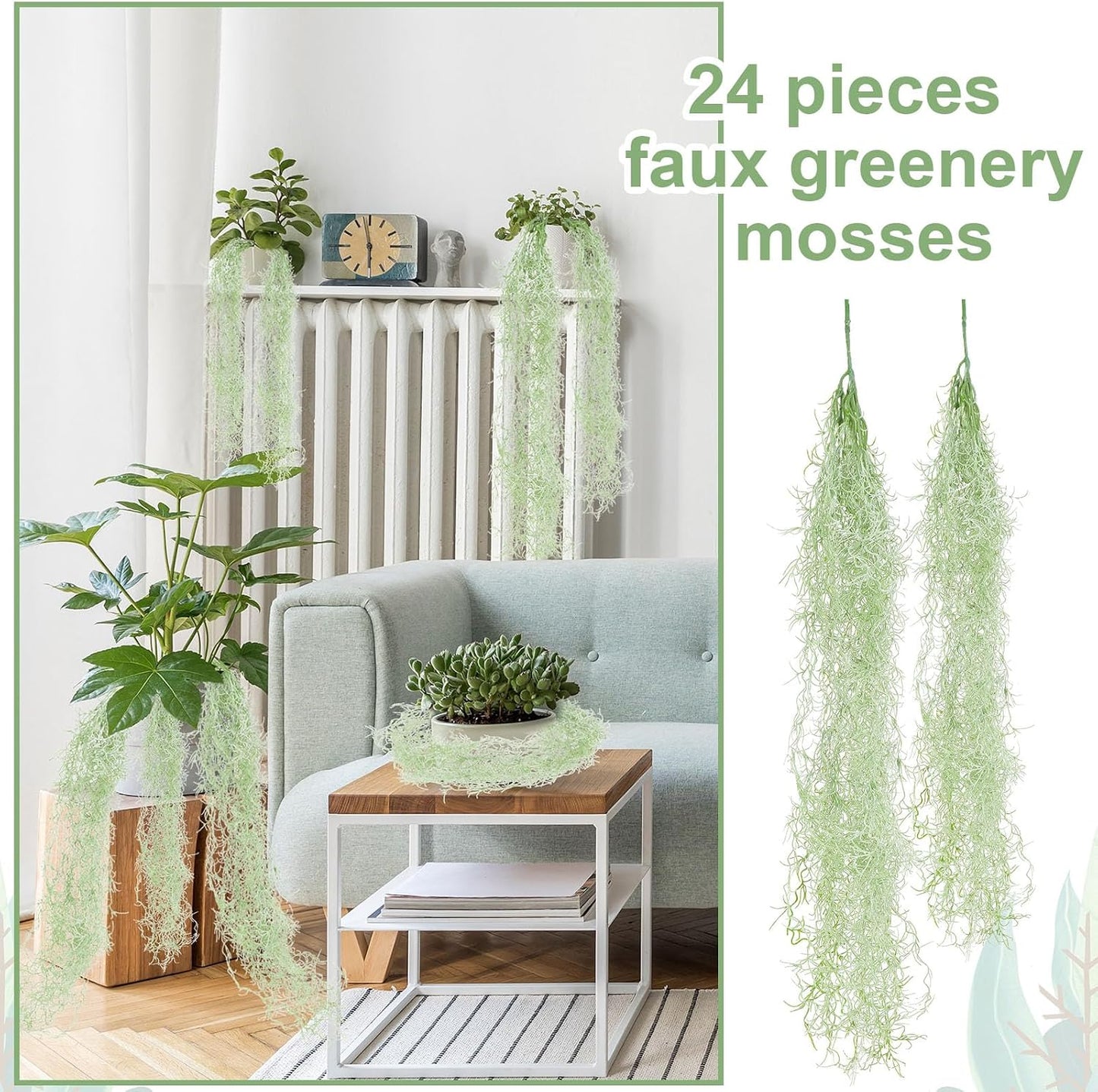 24 Pack Fake Spanish Moss Artificial Hanging Decoration Bulk Faux Greenery Moss Garland for Potted Wall Living Room Indoor Outdoor Decor(43 Inch, 33 Inch,Green)