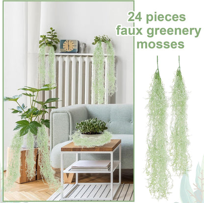 24 Pack Fake Spanish Moss Artificial Hanging Decoration Bulk Faux Greenery Moss Garland for Potted Wall Living Room Indoor Outdoor Decor(43 Inch, 33 Inch,Green)
