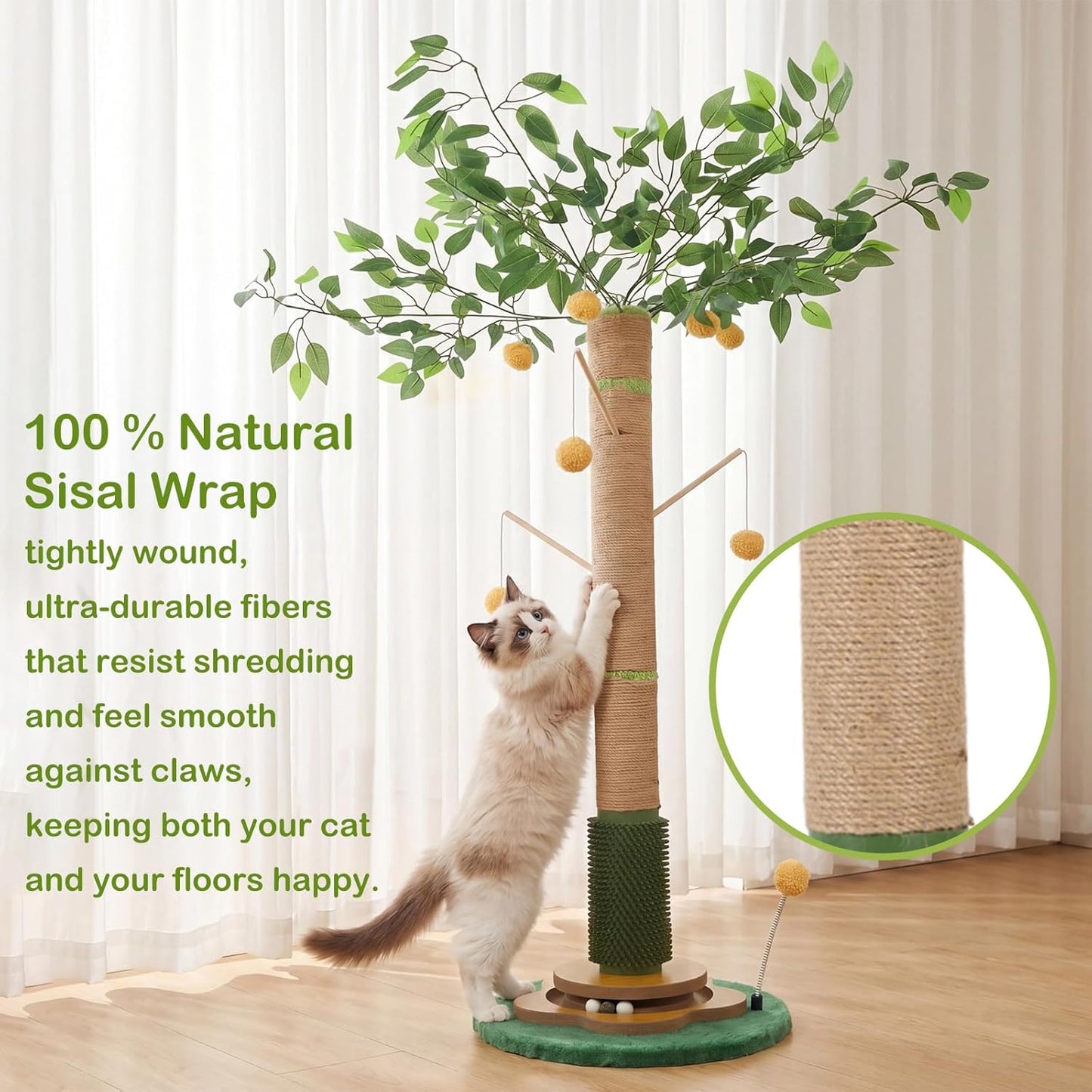 Tall Cat Scratching Post 51 Inch, Sisal Rope Cat Scratcher Tree | For indoor cats, kittens and large cats to stretch, scratch, play and self-groom; suitable for living rooms and cat spaces.