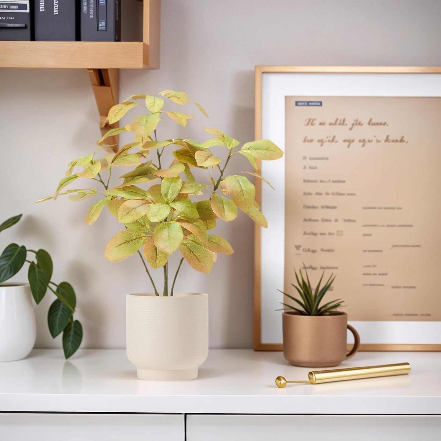 Artificial Potted Plants Indoor,27" Faux Plants Ficus Leaves Trees with Ceramic Pots,Realistic Fake Plant Indoor Potted for Living Room Office Farmhouse Room Bathroom Bedroom Kitchen Plant Decor