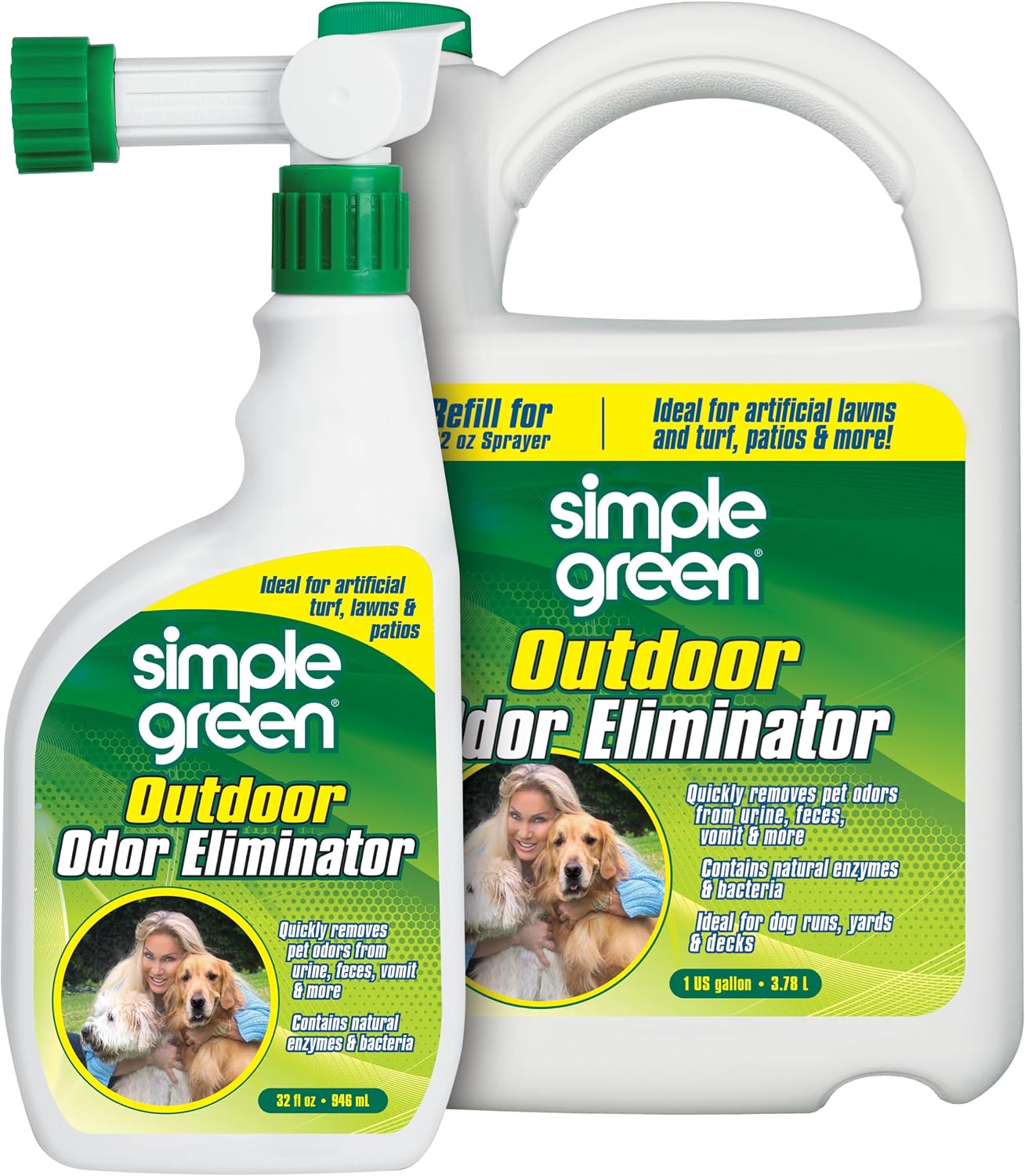 Outdoor Odor Eliminator for Pets, Dogs, Ideal for Artificial Grass & Patio (32 oz Hose End Sprayer & 1 Gallon Refill)