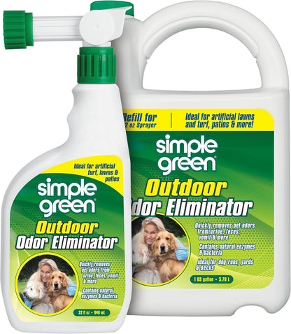 Outdoor Odor Eliminator for Pets, Dogs, Ideal for Artificial Grass & Patio (32 oz Hose End Sprayer & 1 Gallon Refill)
