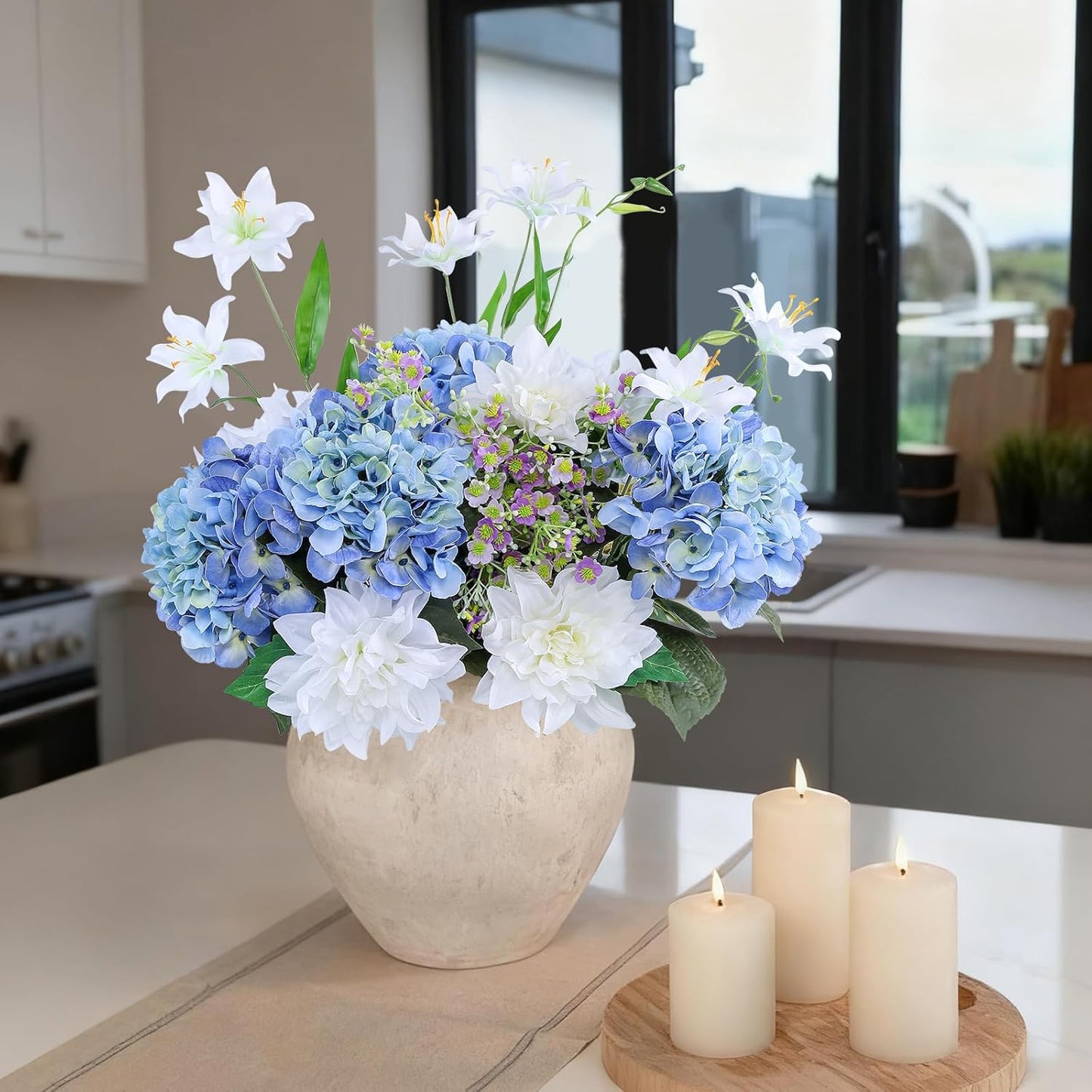 3pcs Lush Real Touch Hydrangea Artificial Flowers,Blue | 6.5" Flower Head, 24.8" Faux Bloom Flowers Stems for Home DIY Wedding Bouquet Arrangements Centerpieces Party Decor