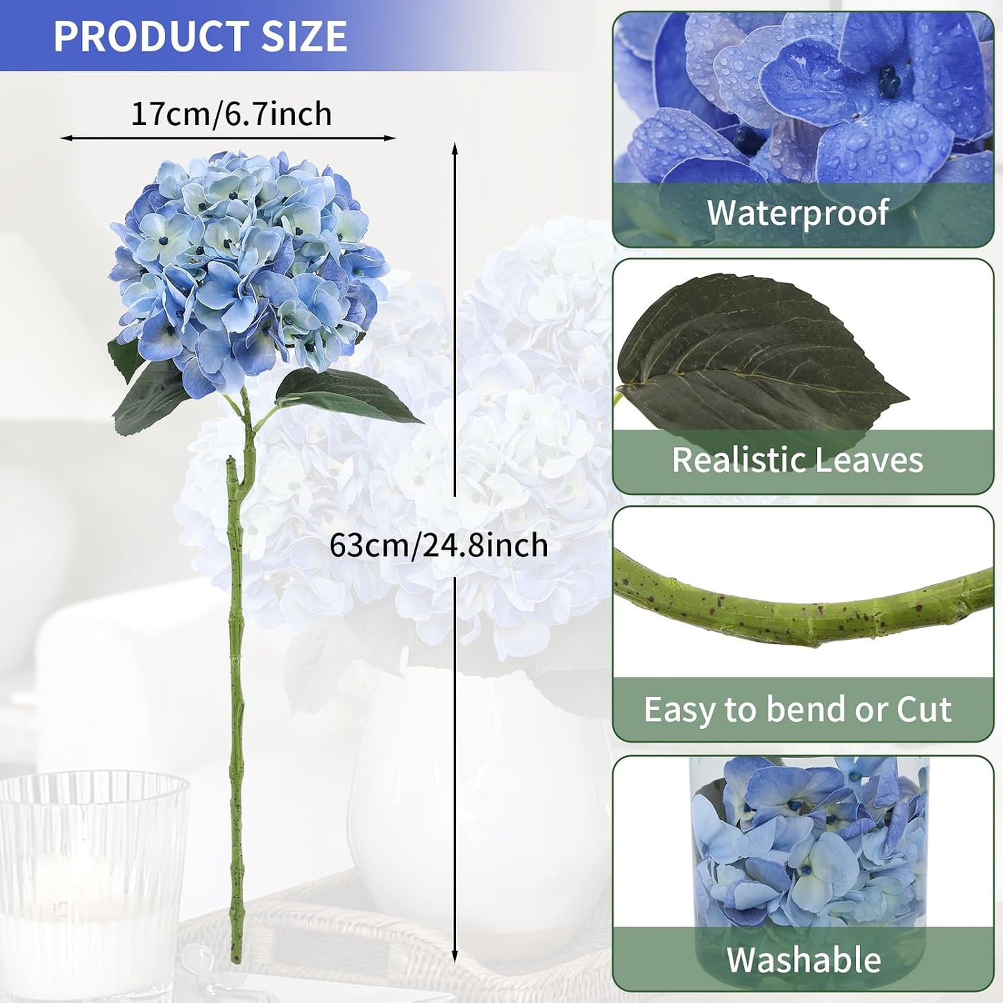 3pcs Lush Real Touch Hydrangea Artificial Flowers,Blue | 6.5" Flower Head, 24.8" Faux Bloom Flowers Stems for Home DIY Wedding Bouquet Arrangements Centerpieces Party Decor
