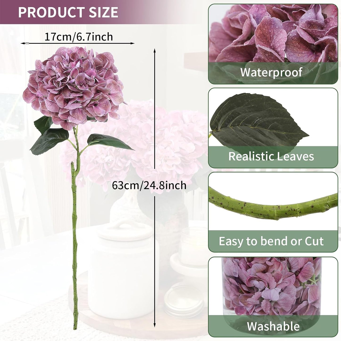 3pcs Lush Real Touch Hydrangea Artificial Flowers,Blue | 6.5" Flower Head, 24.8" Faux Bloom Flowers Stems for Home DIY Wedding Bouquet Arrangements Centerpieces Party Decor