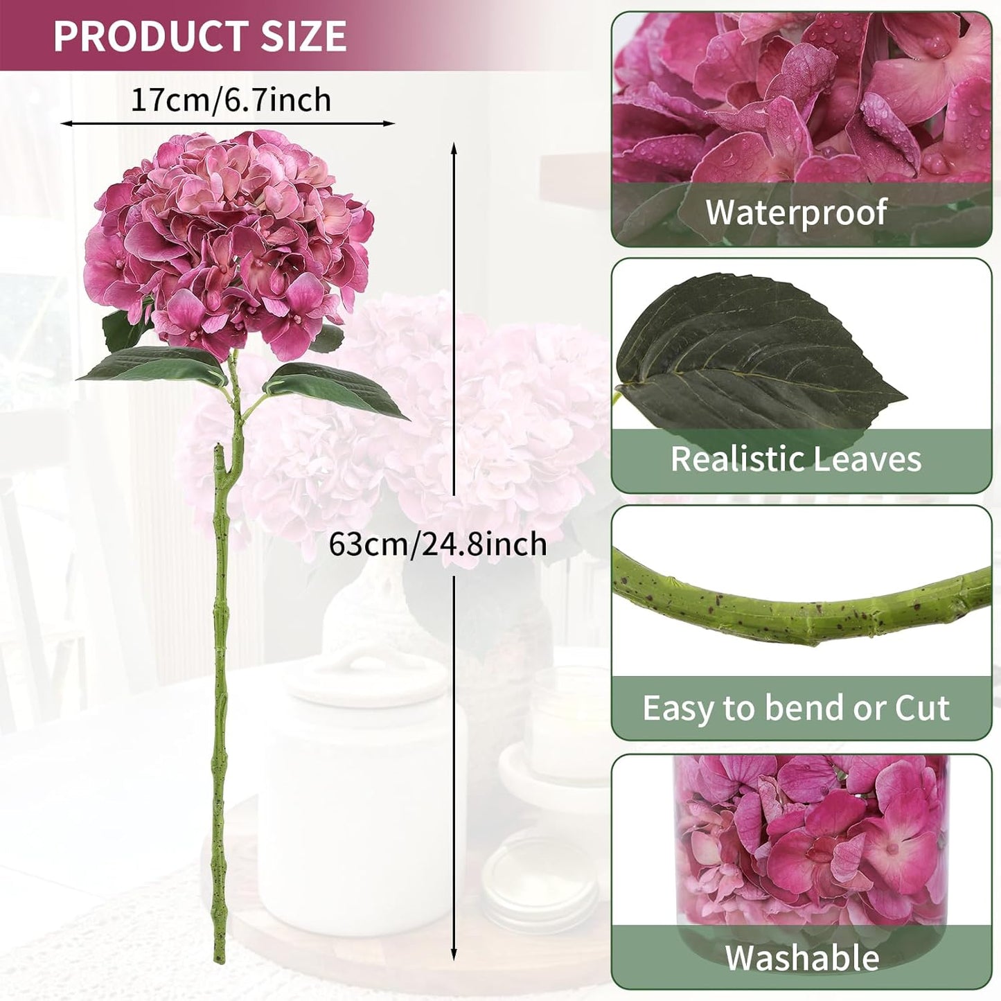 3pcs Lush Real Touch Hydrangea Artificial Flowers,Blue | 6.5" Flower Head, 24.8" Faux Bloom Flowers Stems for Home DIY Wedding Bouquet Arrangements Centerpieces Party Decor