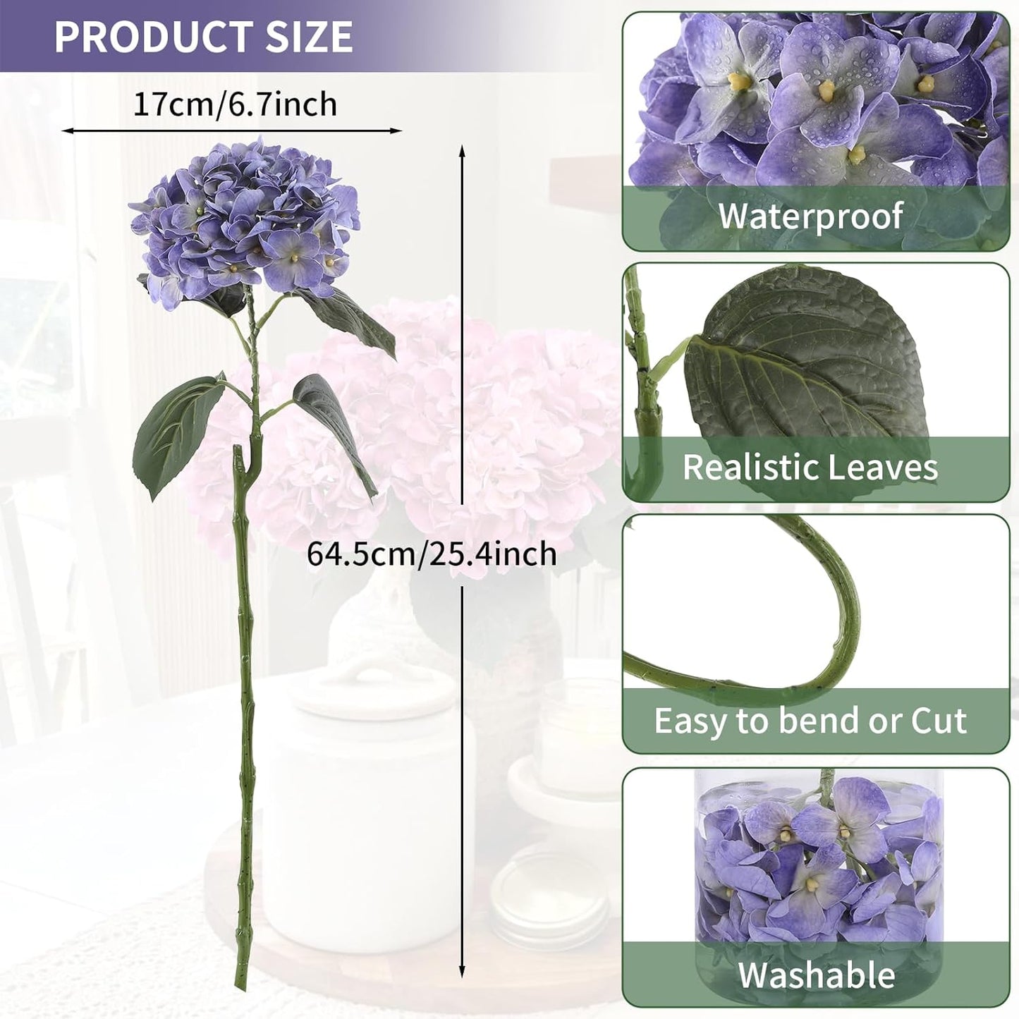3pcs Lush Real Touch Hydrangea Artificial Flowers,Blue | 6.5" Flower Head, 24.8" Faux Bloom Flowers Stems for Home DIY Wedding Bouquet Arrangements Centerpieces Party Decor
