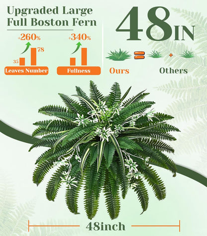 48" Large Fake Ferns Artificial Ferns for Outdoors | Large, Faux Boston Fern, 110 Branches, Realistic, UV Resistant, Planter Home Garden Porch Decor, 1Pcs