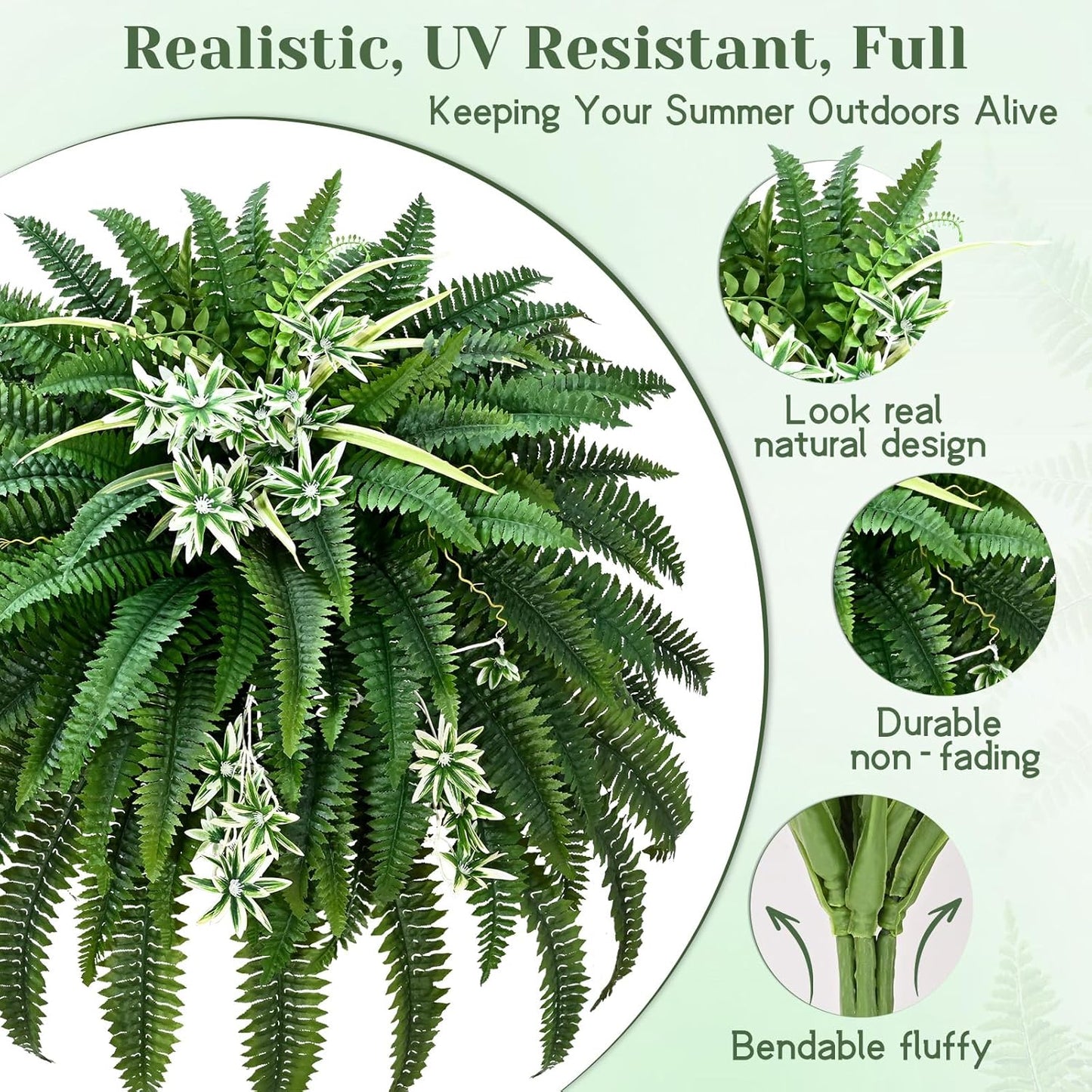 48" Large Fake Ferns Artificial Ferns for Outdoors | Large, Faux Boston Fern, 110 Branches, Realistic, UV Resistant, Planter Home Garden Porch Decor, 1Pcs