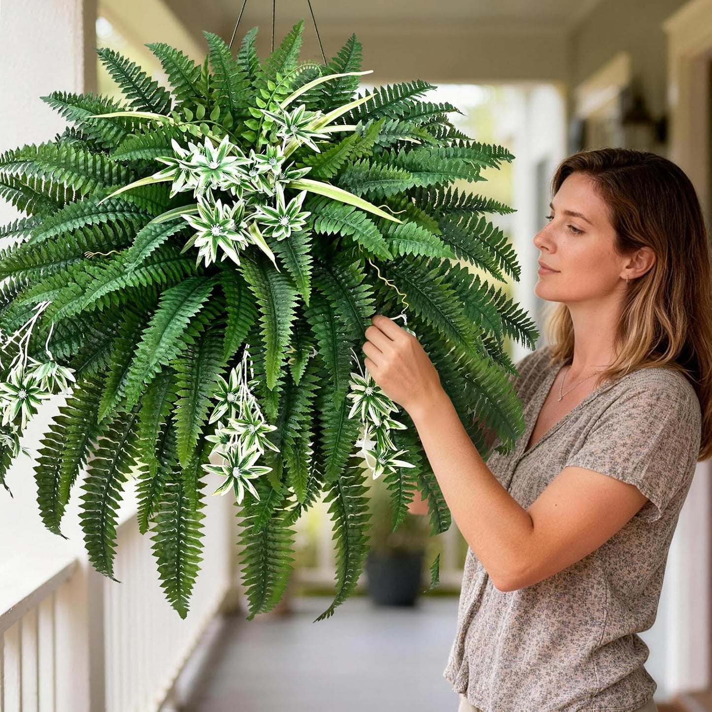 48" Large Fake Ferns Artificial Ferns for Outdoors | Large, Faux Boston Fern, 110 Branches, Realistic, UV Resistant, Planter Home Garden Porch Decor, 1Pcs