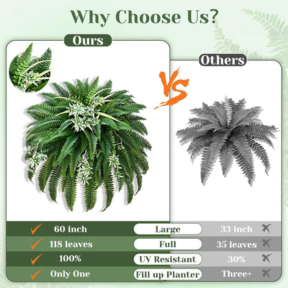 48" Large Fake Ferns Artificial Ferns for Outdoors | Large, Faux Boston Fern, 110 Branches, Realistic, UV Resistant, Planter Home Garden Porch Decor, 1Pcs