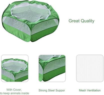 Small Animal Playpen with Zippered Mesh Cover - Portable Foldable Chicken Brooder Box, Indoor Outdoor Enclosure for Guinea Pigs, Bunny, Rabbits, Ferrets, Chinchillas, Kittens (Black)