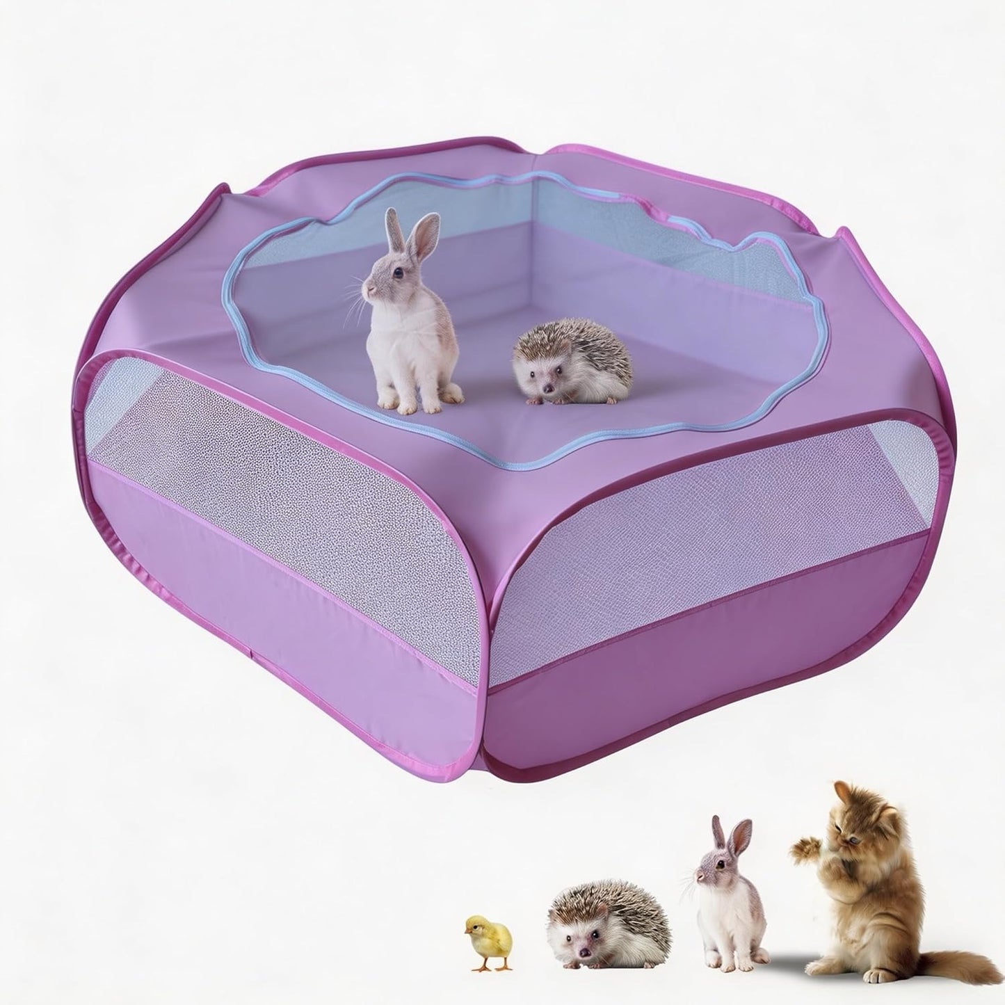 Small Animal Playpen with Zippered Mesh Cover - Portable Foldable Chicken Brooder Box, Indoor Outdoor Enclosure for Guinea Pigs, Bunny, Rabbits, Ferrets, Chinchillas, Kittens (Black)