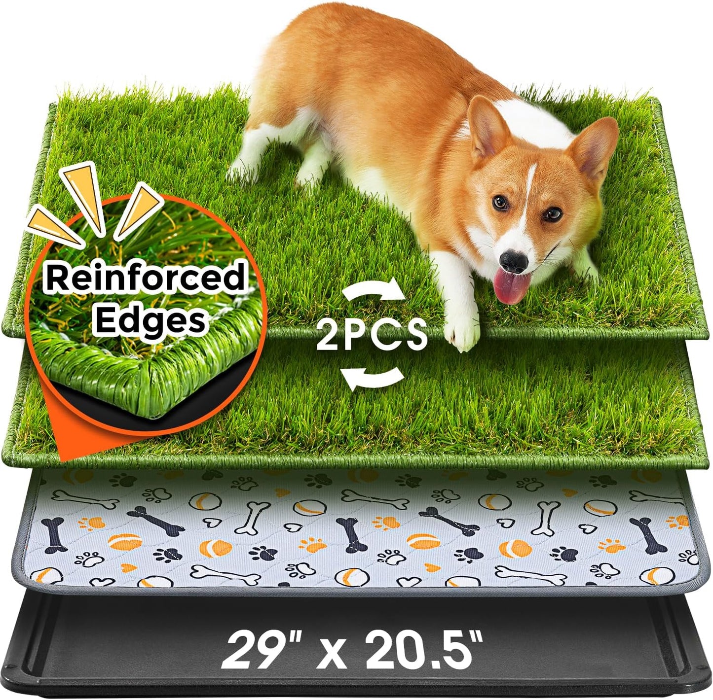 Dog Grass Pad with Tray Large, 41"x27", 2 Reusable Artificial Turf for Dogs Potty, Waterproof Non-Slip Washable Pee Pads, Quickly Absorbency Portable Dog Litter Box for Indoor/Outdoor Use